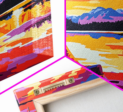 Cowboy boots, lake sunset, mountain painting, rustic western art, farmhouse decor, vibrant colors, extra wide art, canvas print