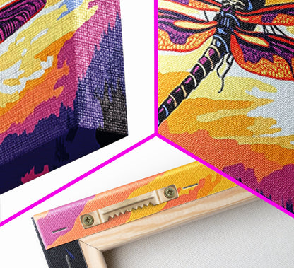 Dragonfly Glow, whimsical art, nature painting, wildflower painting, botanical prints, pink orange wall art, framed canvas print