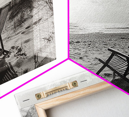 Beach Chair, Coastal Landscape Art, Minimalist Art, Wabi Sabi Art, Ocean View Print, Relaxing Decor, Framed Canvas Print, Nautical Wall Art