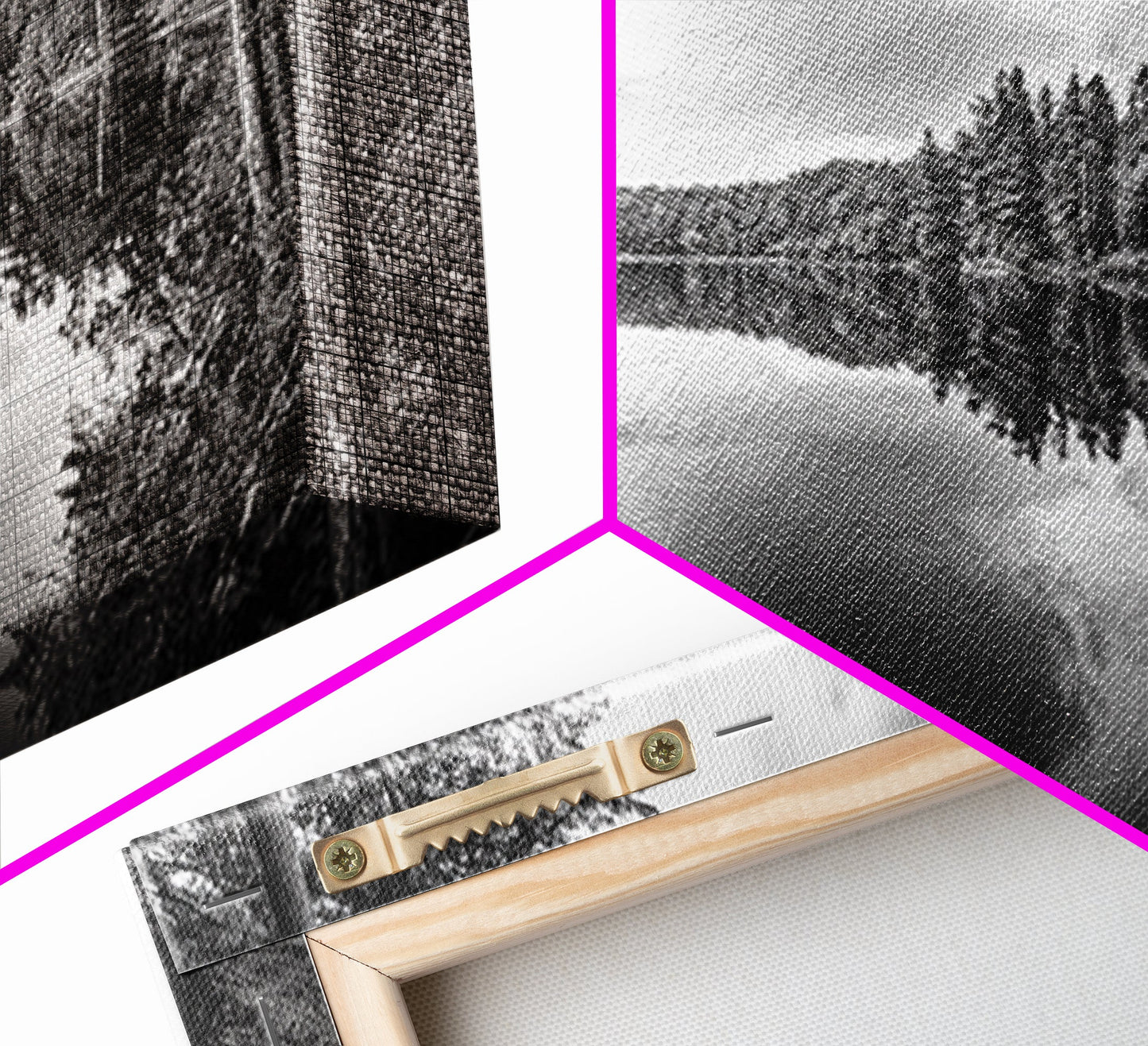 Lake reflection, pine tree art, landscape painting, wabi sabi art, rustic decor, panoramic painting, extra wide art, framed canvas print