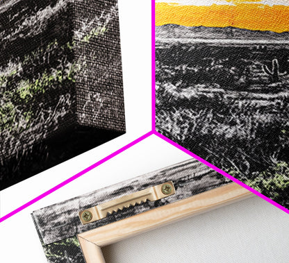 Cactus Sunset, black and white, moody desert art, yellow skyline, Joshua tree art, framed canvas print, extra wide art, rustic decor