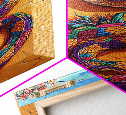 Coiled Snake, Vibrant Snake Art, Desert Landscape, Wildlife Art, Southwest Wall Art, Unique Decor, Framed Canvas Print