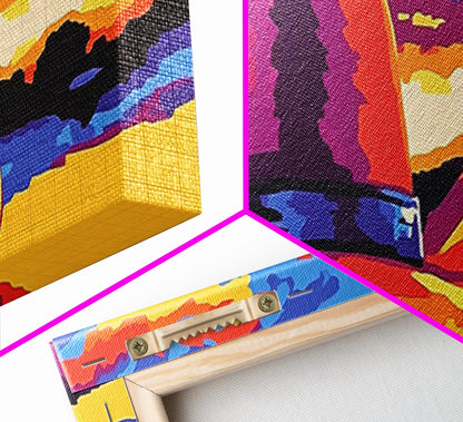 Western Sunset Art, cowboy hat painting, rustic wall art, southwest wall art, extra wide art, framed canvas print, panoramic painting