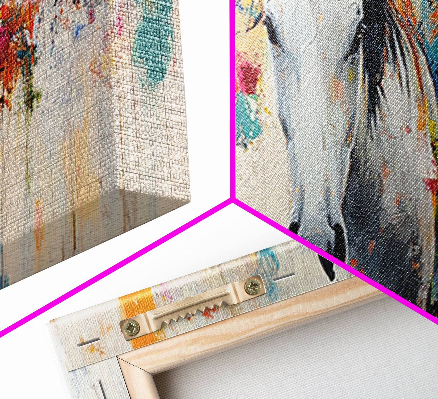 Weißes Pferd, abstrakte Kunst, stimmungsvolle Motive, rustikaler Stil, impressionistisches Pferd, gerahmter Leinwanddruck, extra breites Bild, moderne Landhauskunst