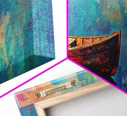 Colorful Boat Painting, coastal landscape art, nautical decor, seascape painting, vibrant wall art, framed canvas print, extra wide art