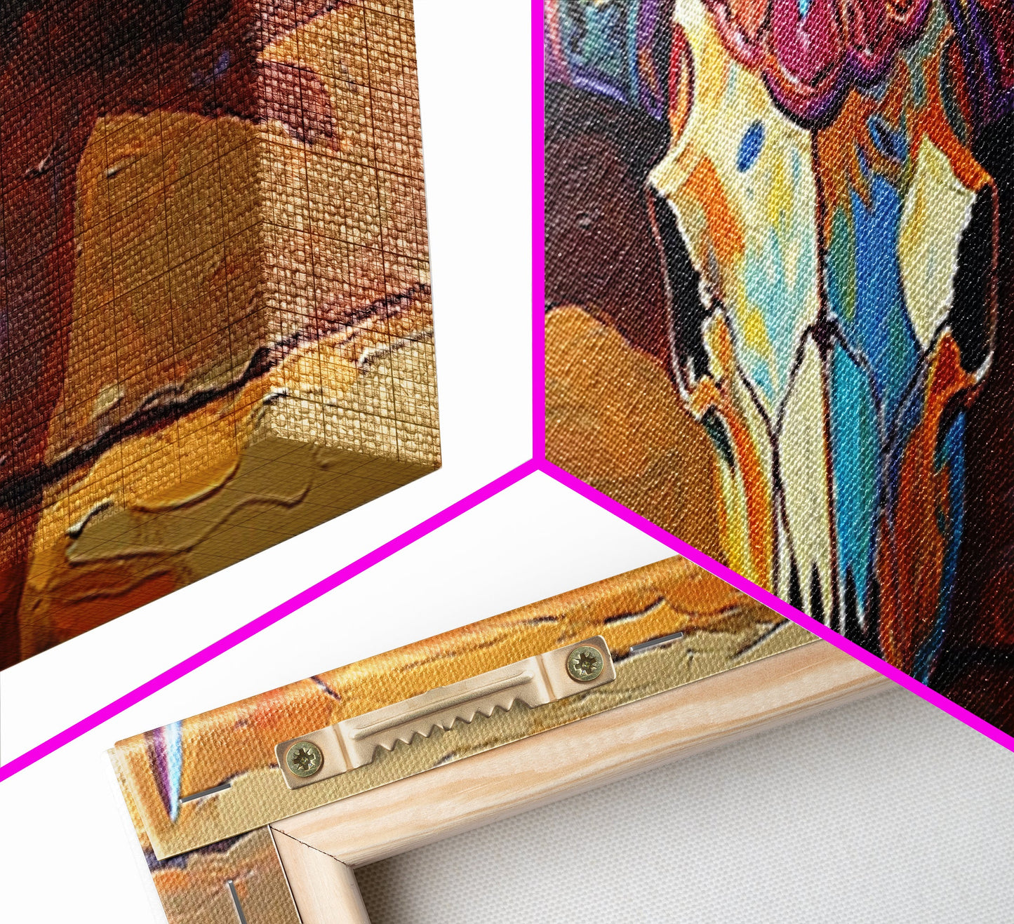 Bemalter Totenkopf, Stier- und Bärenmotiv, rustikale Dekoration, extra breites Kunstwerk, Wandkunst im Südwest-Stil, rosa-orangefarbene Wandkunst, gerahmter Leinwanddruck