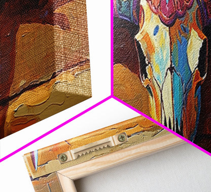 Bemalter Totenkopf, Stier- und Bärenmotiv, rustikale Dekoration, extra breites Kunstwerk, Wandkunst im Südwest-Stil, rosa-orangefarbene Wandkunst, gerahmter Leinwanddruck