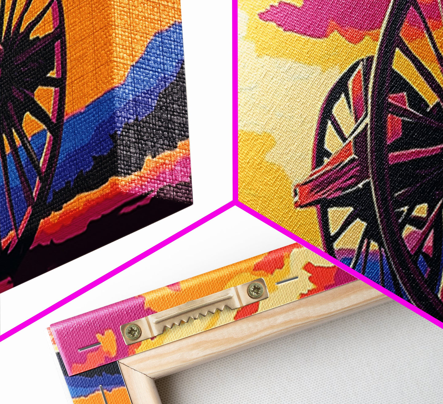 Sonnenuntergangs-Wagenrad, pink-orangefarbene Wandkunst, Kunst in kräftigen Farben, Boho-Kunst, Panoramagemälde, extrabreites Kunstwerk, gerahmter Leinwanddruck, Landschaftsmalerei