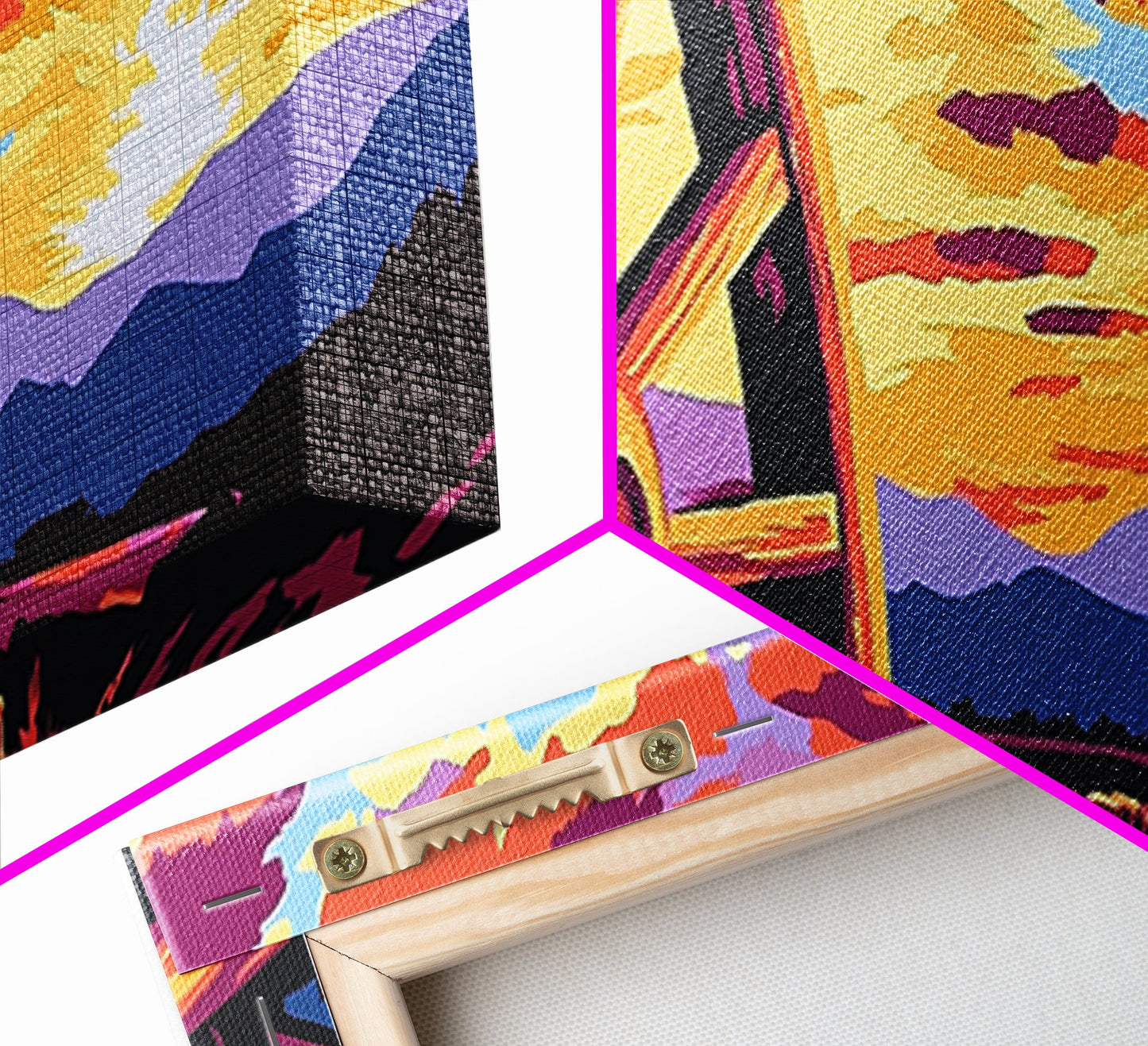 Lebendiger Sonnenuntergang mit Wagen, abstrakte Kunst in Rosa, Mohnblumen-Wandkunst, Boho-Kunst, Panoramagemälde, extra breites Kunstwerk, gerahmter Leinwanddruck, Vintage-Wandkunst