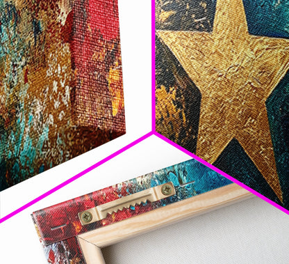 Goldener Stern, abstrakte Kunst, kräftige Farben, strukturierte Wandkunst, gerahmter Leinwanddruck, Mosaik-Wandkunst, extra breite Kunst, Kunst über dem Sofa