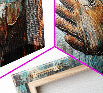 Rustikale Lederhandschuhkunst, gerahmter Leinwanddruck, Wabi-Sabi-Wandkunst, stimmungsvolle Kunst, türkisfarbene Wandkunst, extra breite Kunst, Landhauskunst