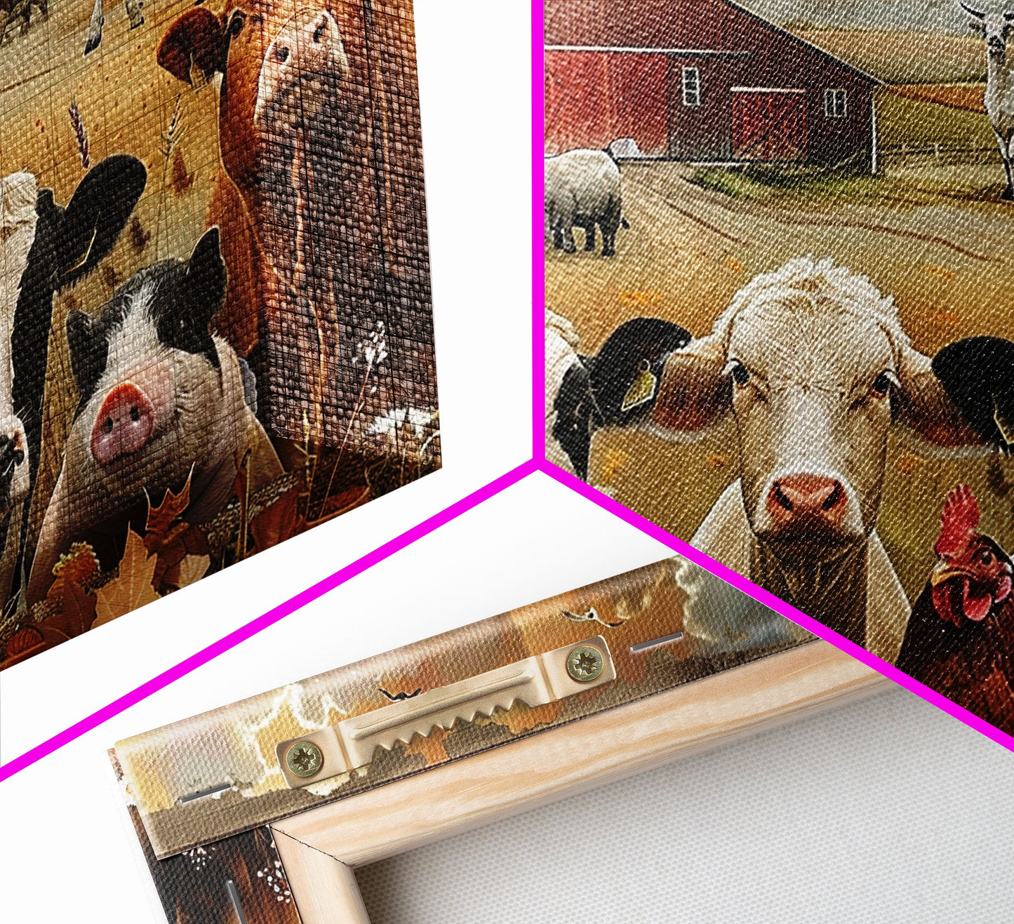 Kitsch Farmhouse Wall Art, Cute Farm Animals On A Fence, Cow Art, Pig Print, Red Barn Wall Art, Wood Framed Art