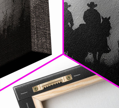 Cowboys Under A Full Moon, Framed Canvas Print, Black and White Western Photography, Wild West Art, Western Decor, Farmhouse Country Art