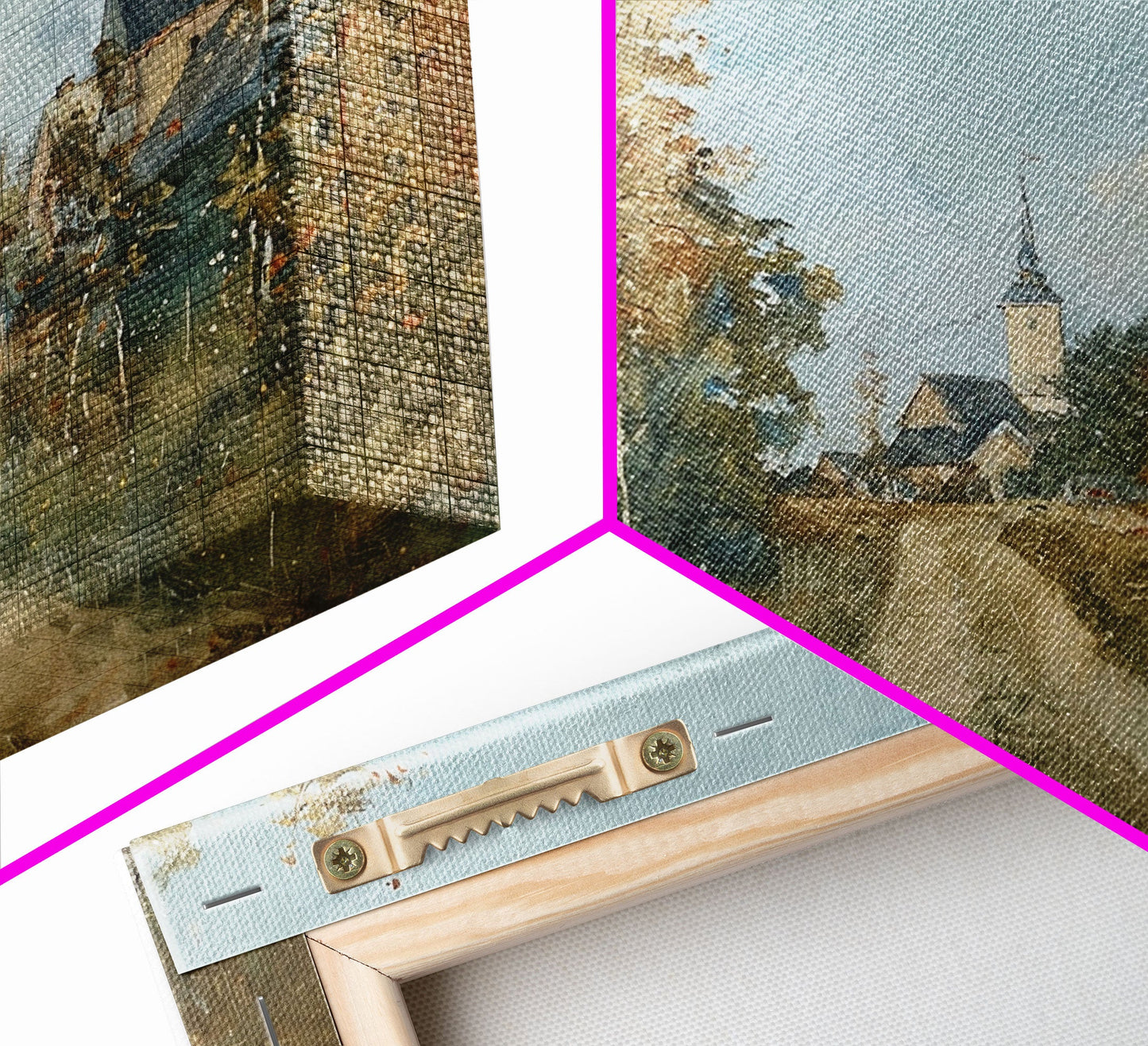 Old Country Road Leading To a Church, Framed Canvas Print, Unique Wall Art, One Of A Kind, folk art, Rustic Farmhouse