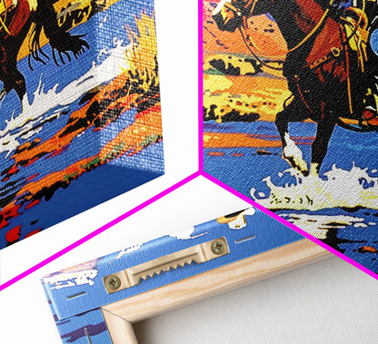 Crossing The Colorado River, Framed Canvas Print, Kitsch Western Wall Art, Colorful Western Painting Original Artwork, Pop Art Painting