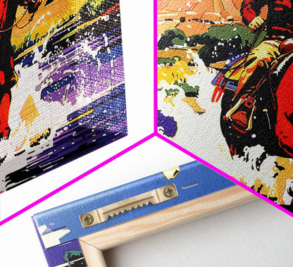 Crossing The Colorado River, Framed Canvas Print, Kitsch Western Wall Art, Colorful Western Painting Original Artwork, Pop Art Painting