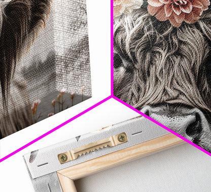 Cute Framed Canvas Wall Art, Cute Cow Wearing Flowers, Farmhouse Decor, Farmhouse Wall At, Extra Large Boho Decor, Minimalist Modern Art