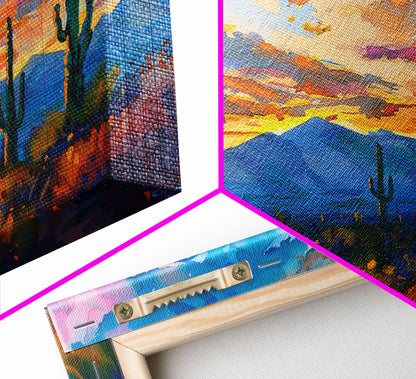Cactus Under A Beautiful Sunset, Pop Art Style, Mid Century Modern Framed Canvas Print or Metal Art, Desert Scene Wall Art, Abstract Desert