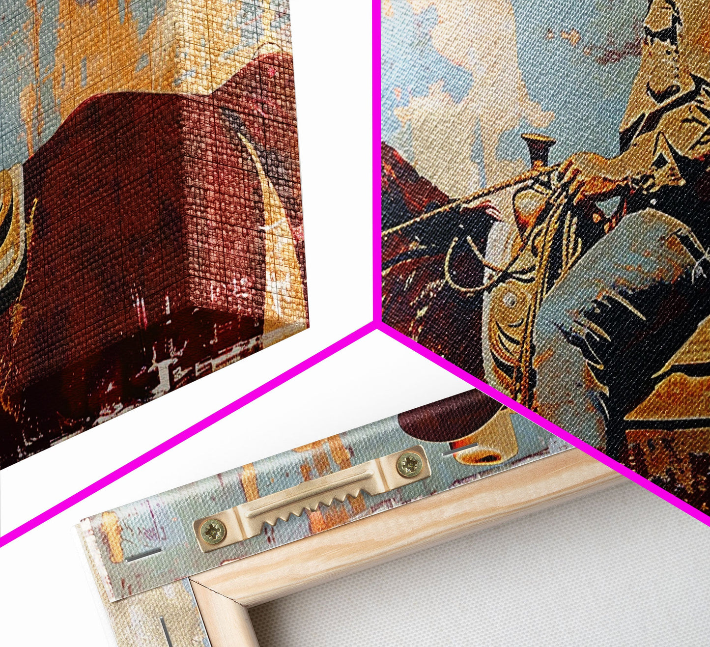 Cowboy on Horseback, Textured Background, Modern Living Room Art, Framed Canvas Print, Rustic Home Decoration, Boho Wall Art