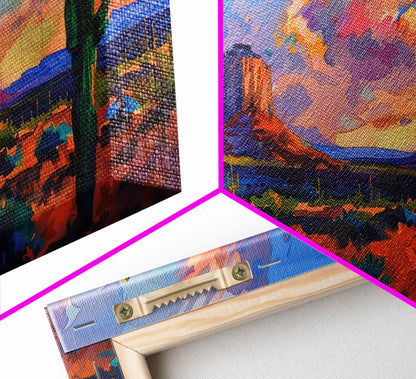 Radiant Mountain Sunset with Saguaro Cacti, Framed Canvas Print for Living Room Art, Perfect for Boho and Southwestern Decor