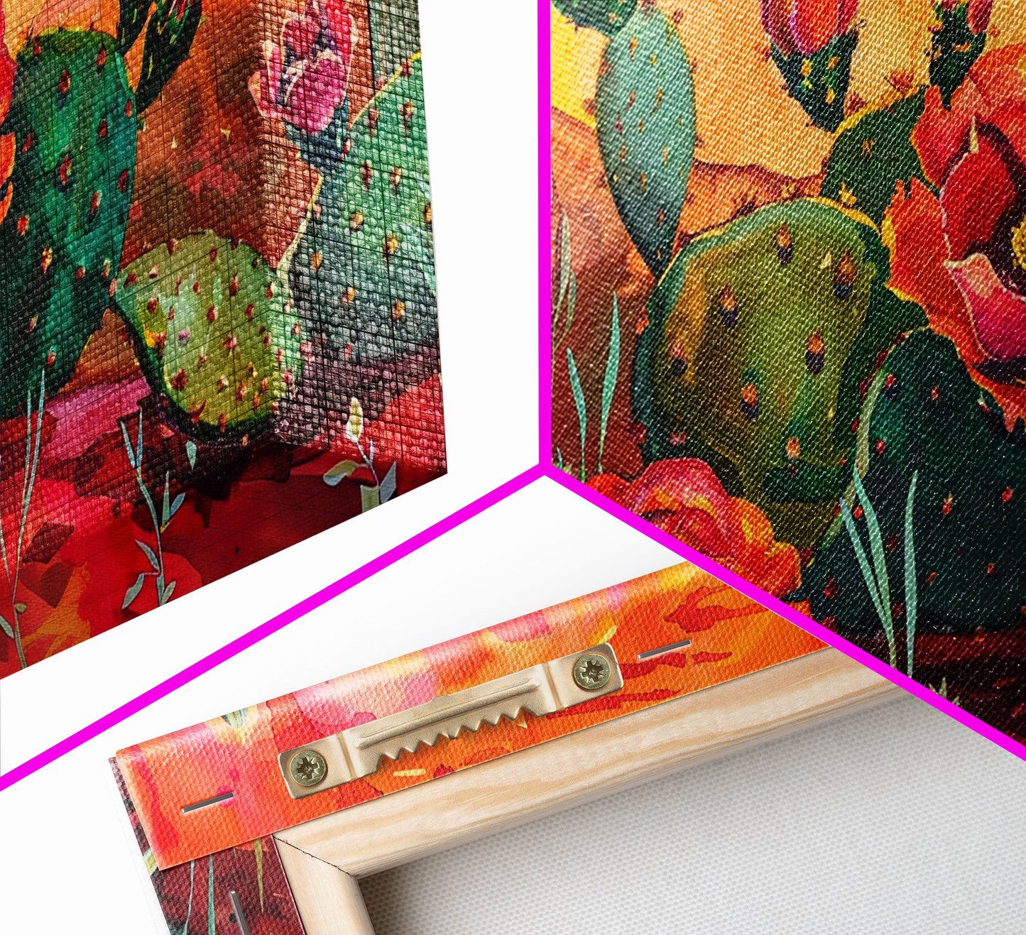 Prickly pear cacti with vibrant blooms in desert scene, Framed Canvas Print, great for modern living room, boho wall decor