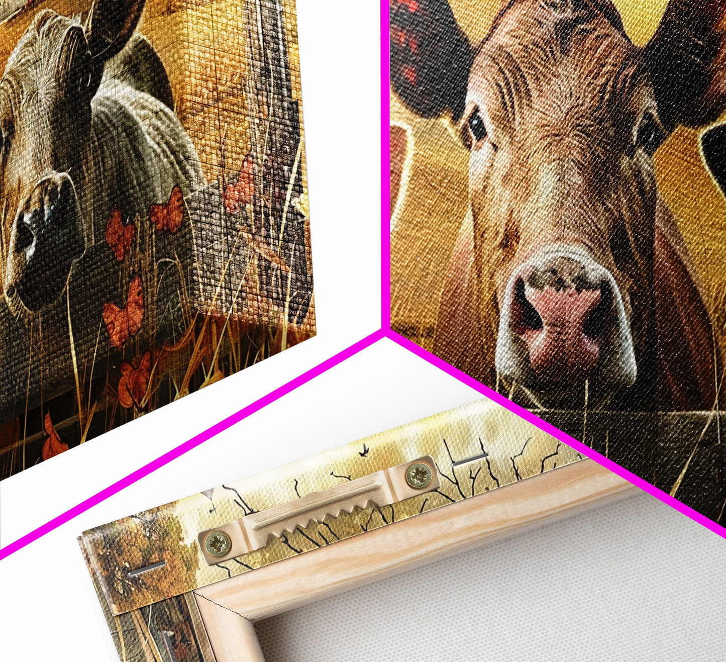 Cute cows peeking through barn fence, Framed Canvas Print, ideal for farmhouse living room, country style wall art decor