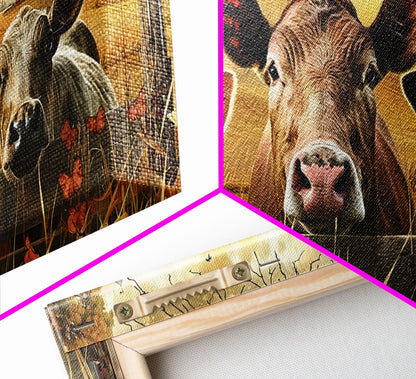 Cute cows peeking through barn fence, Framed Canvas Print, ideal for farmhouse living room, country style wall art decor