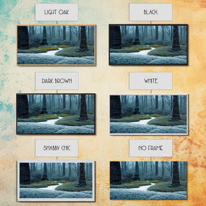 Cabin art, snow covered winter forest, winter vacation home art, framed canvas print, ready to hang framed wall art