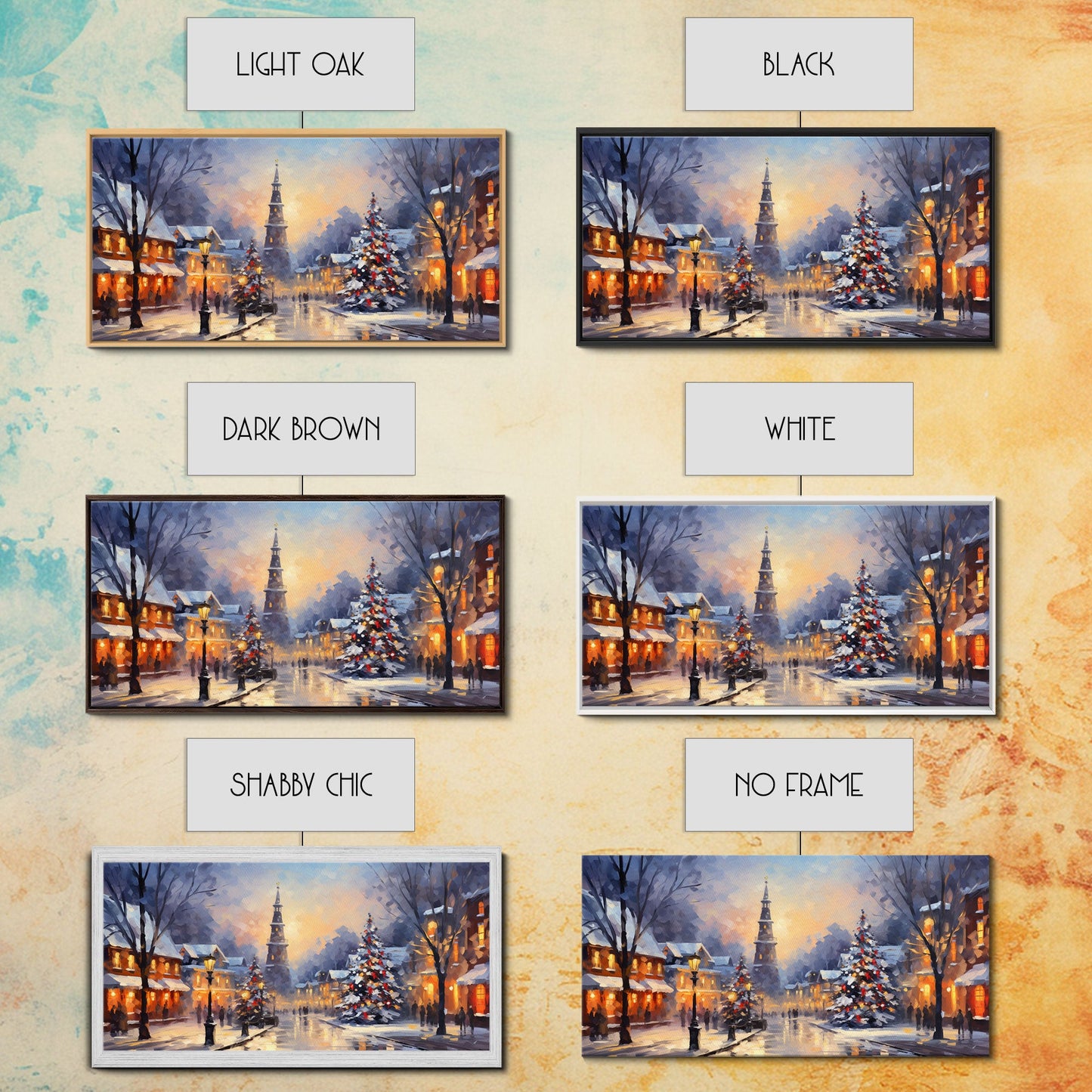 Christmas Centerpiece Wall Art - Framed Canvas Print - Winter Wonderland Victorian Village Decorated for Christmas Canvas Wall Art