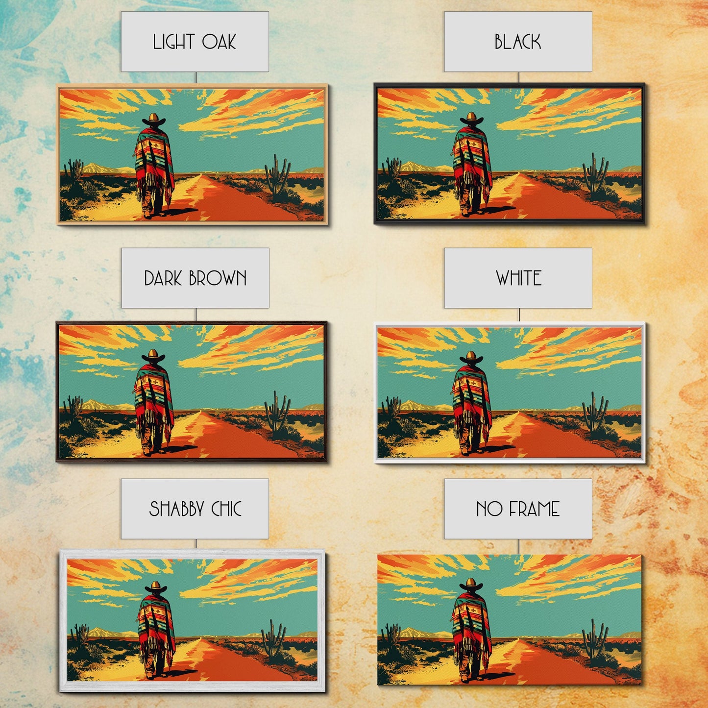 Lone Cowboy with Cactus in Desert, Perfect Living Room Art, Framed Canvas Print, Rustic Home Decoration, Boho Wall Art