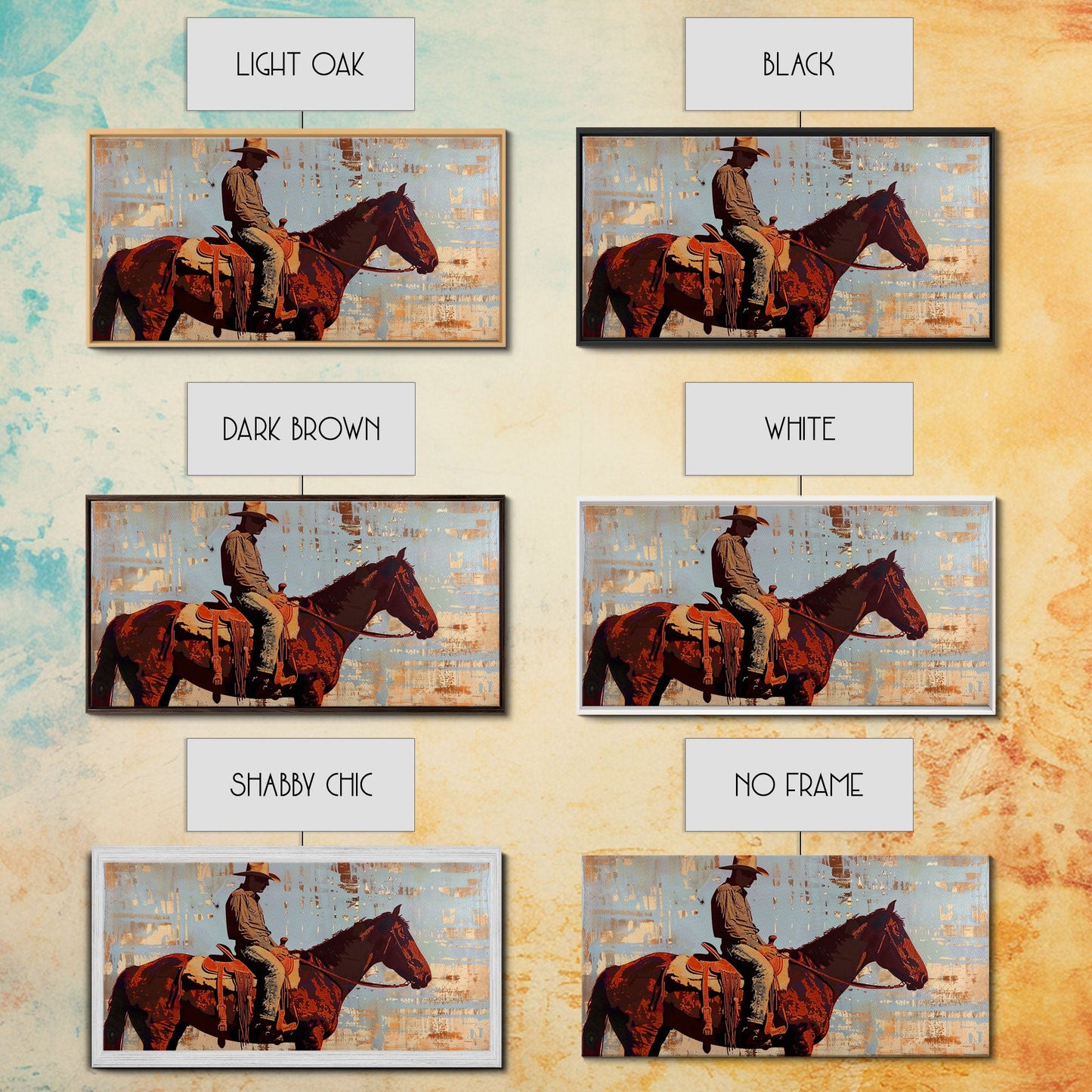 Cowboy on Horse with Rustic Background, Stunning Wall Art, Framed Canvas Print, Boho Bedroom Decor, Western Home Decoration