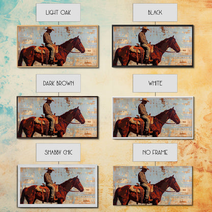 Cowboy on Horse with Rustic Background, Stunning Wall Art, Framed Canvas Print, Boho Bedroom Decor, Western Home Decoration