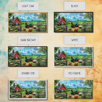 Green Tractor Near Red Barn in Countryside, Charming Farm Art, Framed Canvas Print, Country Living Room Decor, Wall Art