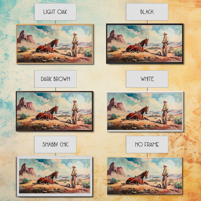 Cowboy and Horse in Desert Landscape, Rustic Farmhouse Art, Framed Canvas Print, Western Decor, Living Room Wall Art, Country Style