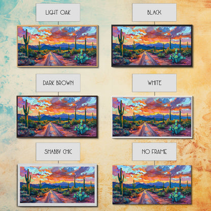 Cacti and Mountains Under Sunset Sky, Vibrant Southwestern Landscape Art, Framed Canvas Print, Boho Living Room Decor, Desert Scene