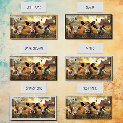 Cute cows peeking through barn fence, Framed Canvas Print, ideal for farmhouse living room, country style wall art decor