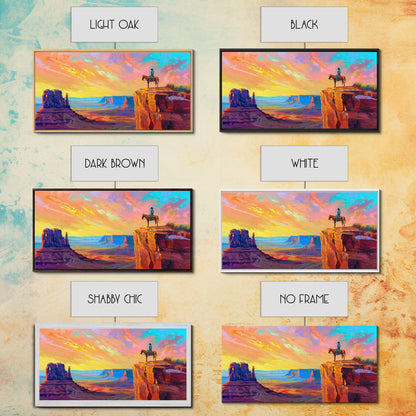 Cowboy with Horse on Cliff Edge, Farmhouse Style Framed Canvas Print for Living Room Wall Art, Vibrant Home Decor, Western Scenic Art