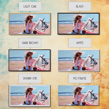 Elegant Cowgirl on Horse by the Shore, Beautiful Framed Canvas Print, Ideal for Coastal Living Room Art, Beach Bedroom Decor, Horse Wall Art