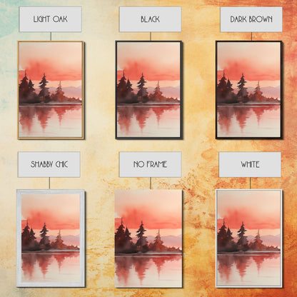 Beautiful Red Lake Sunset 3 Piece Framed Canvas Print Set, Above Sofa Art, Living Room Decor, Beautiful Wall Art, Watercolor Painting