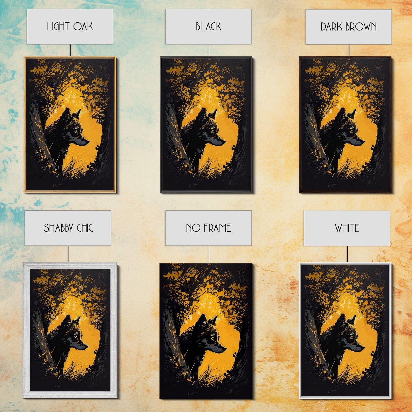 Watercolor of a wolf in the forest, framed canvas print