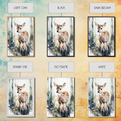Watercolor portrait of a deer fawn, framed canvas print