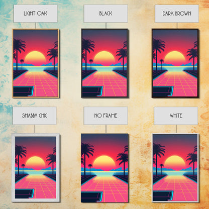 Retro Synthwave Sunset Canvas Print w/ Infinite Pool & Palm Trees | Framed Wall Decor | Framed Canvas Prints | Living Room Decor
