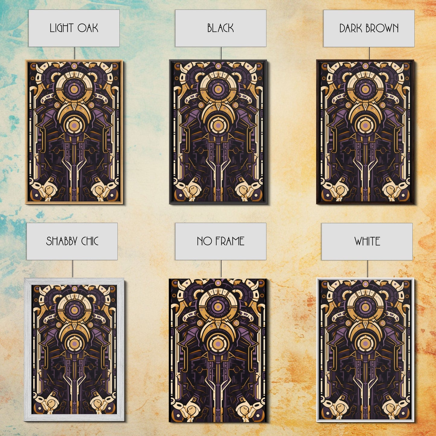 Art Deco Pattern Wall art, Framed Canvas Print, Art Deco, Patterns art, Yellow & purple art, Ornament art, Colorful painting, Light colors