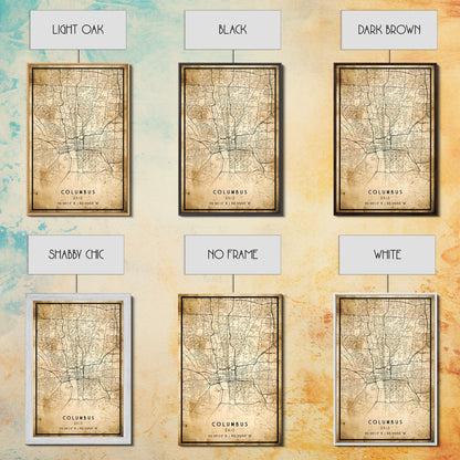 Columbus vintage map print poster or framed canvas, Ohio map print poster canvas, Columbus city map print poster canvas