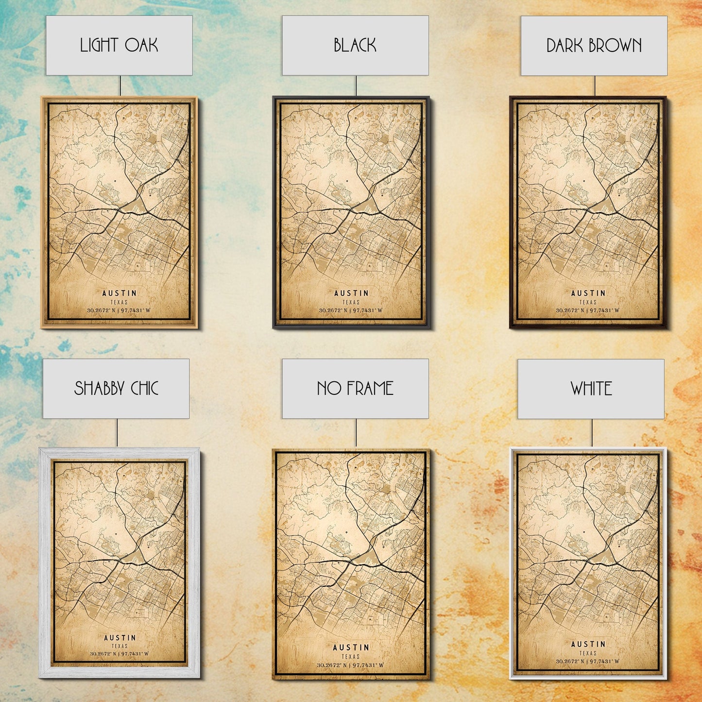Austin Map Print Canvas or Poster, Texas Map Art, Texas Map Print, Vintage Austin Texas Map Framed Art, Retro / Distressed Office Art