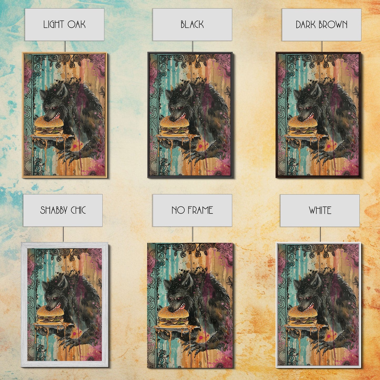 Halloween Creepy Werewolf with Burger Framed Canvas Print, Wall Art, Living Room Decor, Kitchen Art, Unique Halloween Gift, Spooky Decor