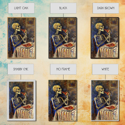 Funny Skeleton Eating A Pizza, Framed Canvas Print, Halloween Decor