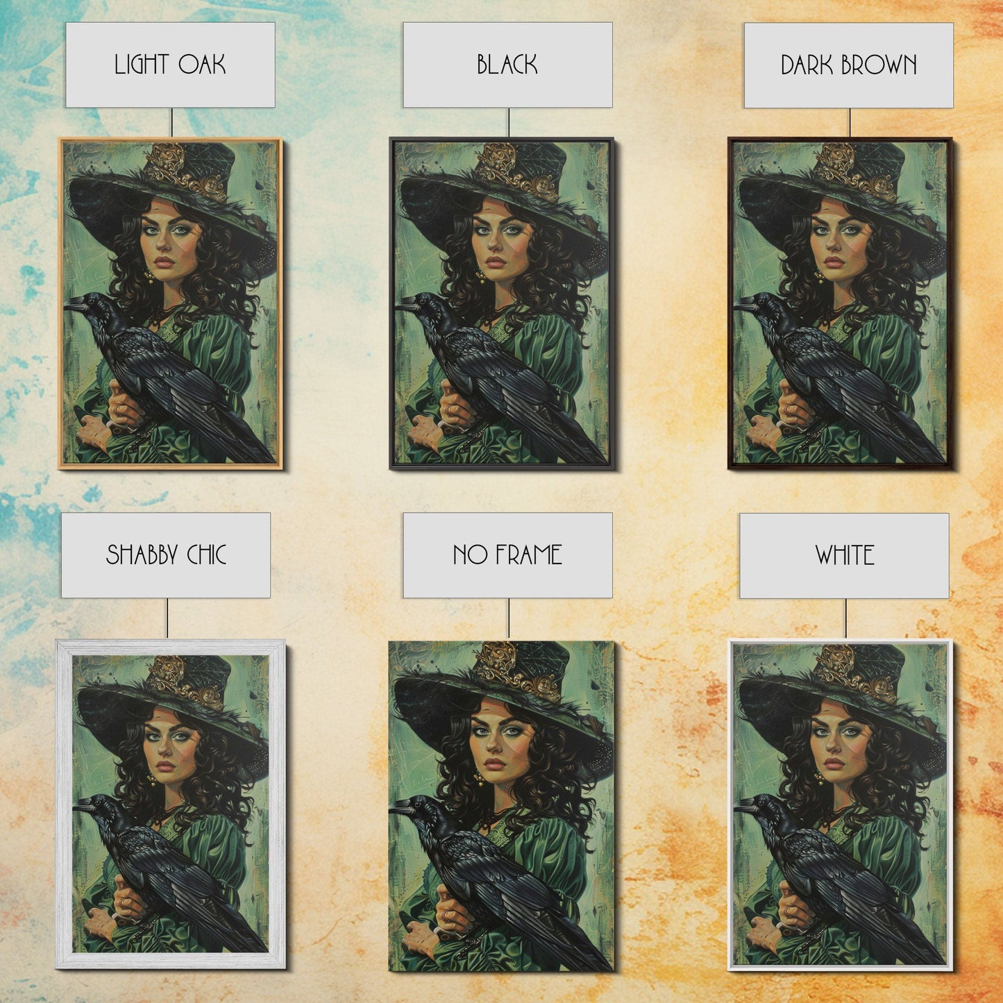 Raven Witch in Green Dress - Halloween Wall Art - Spooky Home Decor - Witch and Raven Painting - Gothic Halloween Decoration