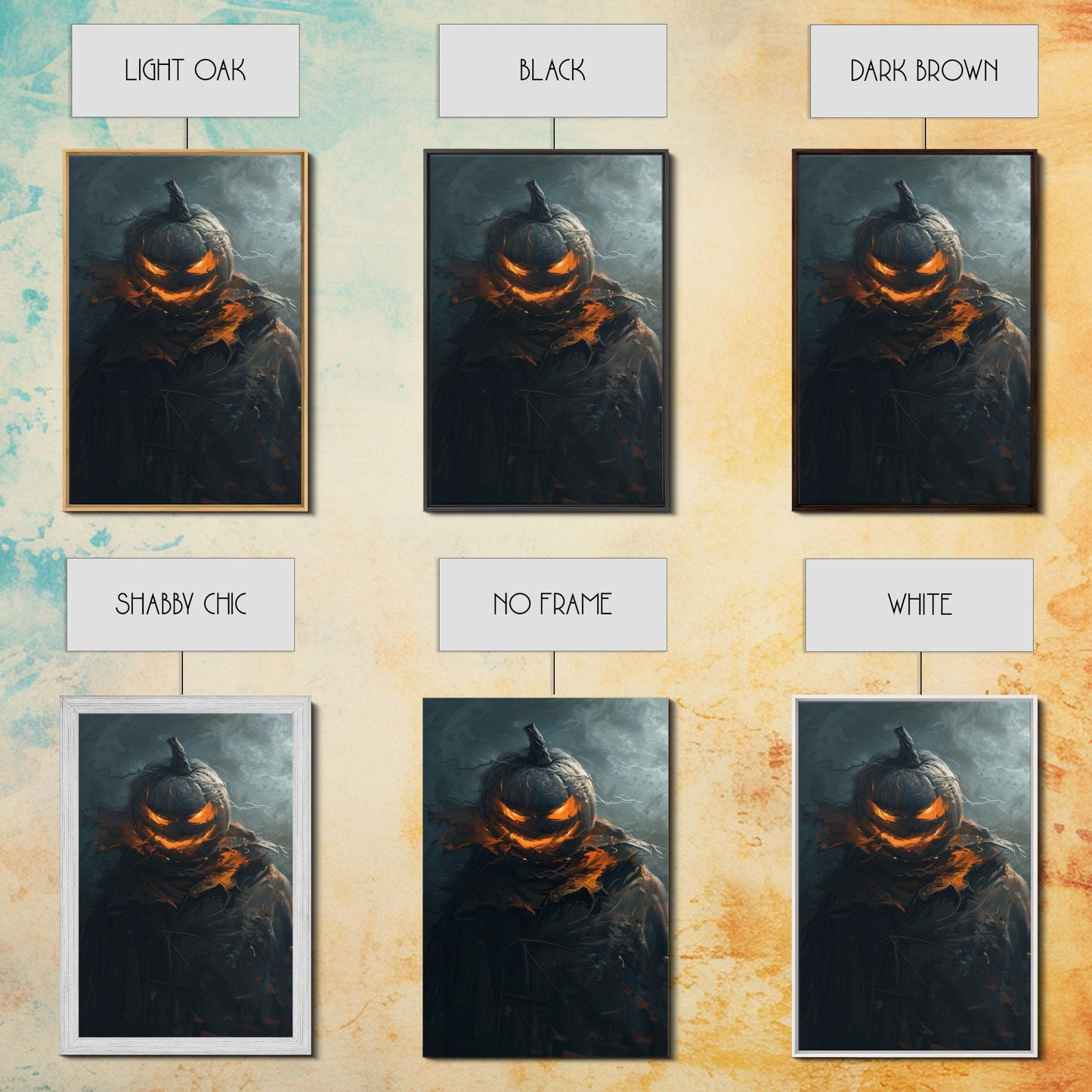 Menacing Pumpkin Head Monster Emerging from Fog - Creepy Halloween Horror Artwork Framed Canvas Print, Spooky Gothic Home Wall Decor