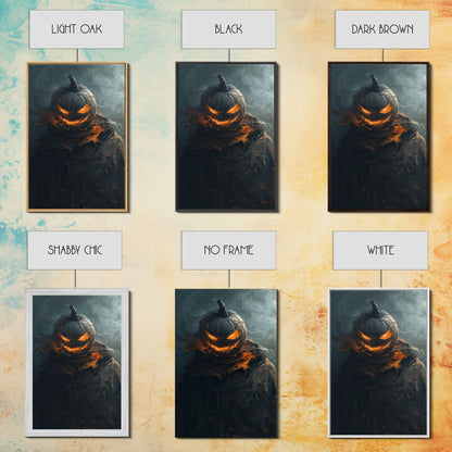 Menacing Pumpkin Head Monster Emerging from Fog - Creepy Halloween Horror Artwork Framed Canvas Print, Spooky Gothic Home Wall Decor